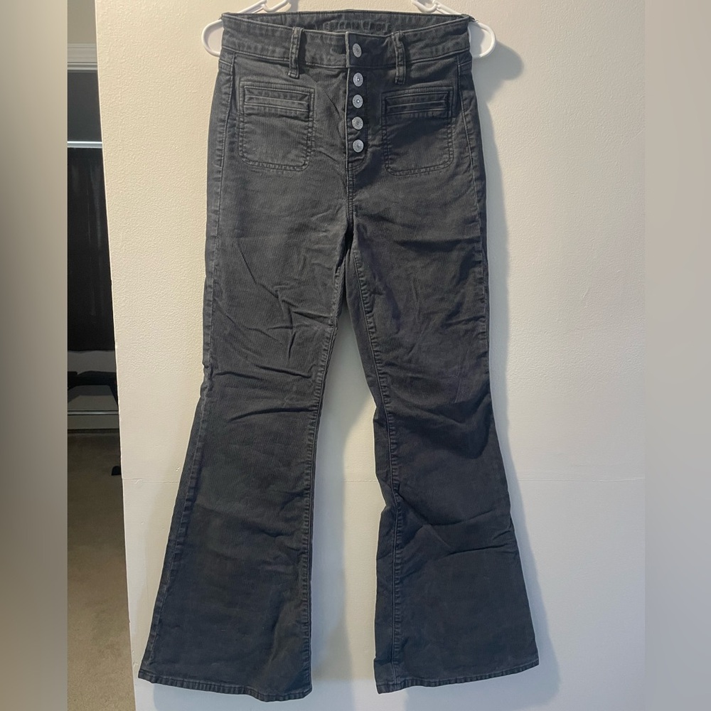American Eagle Outfitters Charcoal Gray High-Rise Flare Jeans with Button Fly